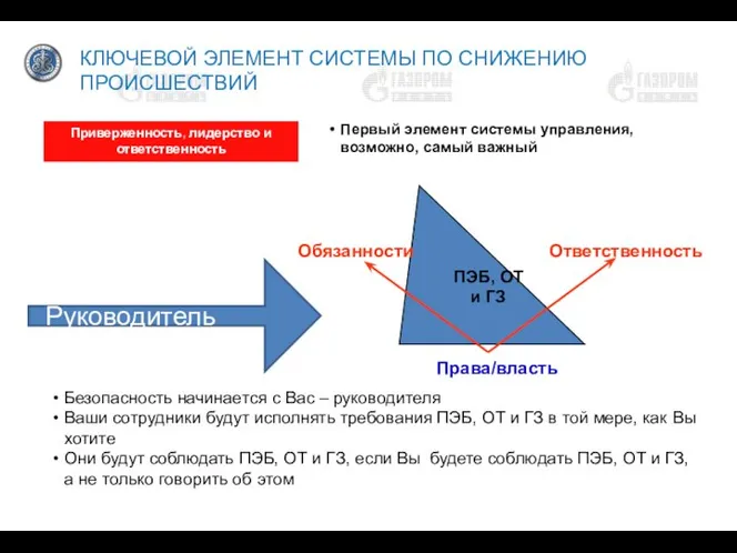 КЛЮЧЕВОЙ ЭЛЕМЕНТ СИСТЕМЫ ПО СНИЖЕНИЮ ПРОИСШЕСТВИЙ Приверженность, лидерство и ответственность Первый