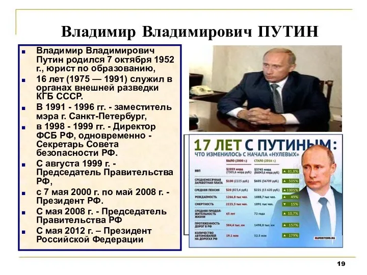 Владимир Владимирович ПУТИН Владимир Владимирович Путин родился 7 октября 1952 г.,