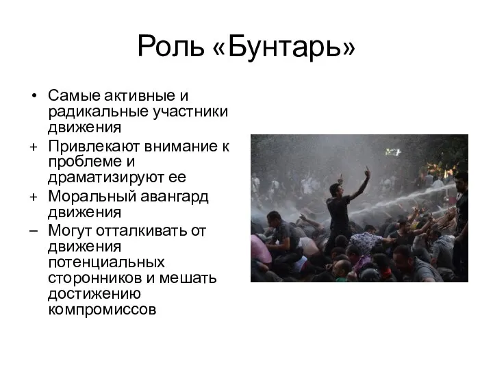 Роль «Бунтарь» Самые активные и радикальные участники движения Привлекают внимание к