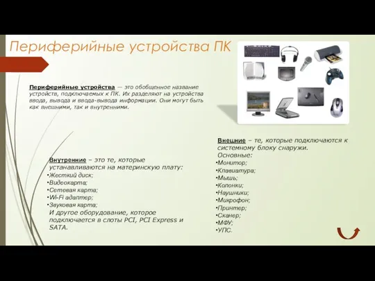 Периферийные устройства ПК Периферийные устройства — это обобщенное название устройств, подключаемых