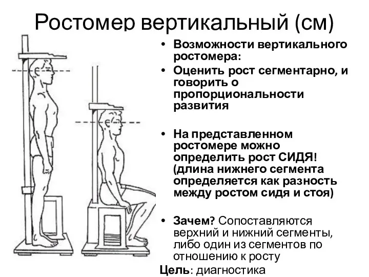 Ростомер вертикальный (см) Возможности вертикального ростомера: Оценить рост сегментарно, и говорить