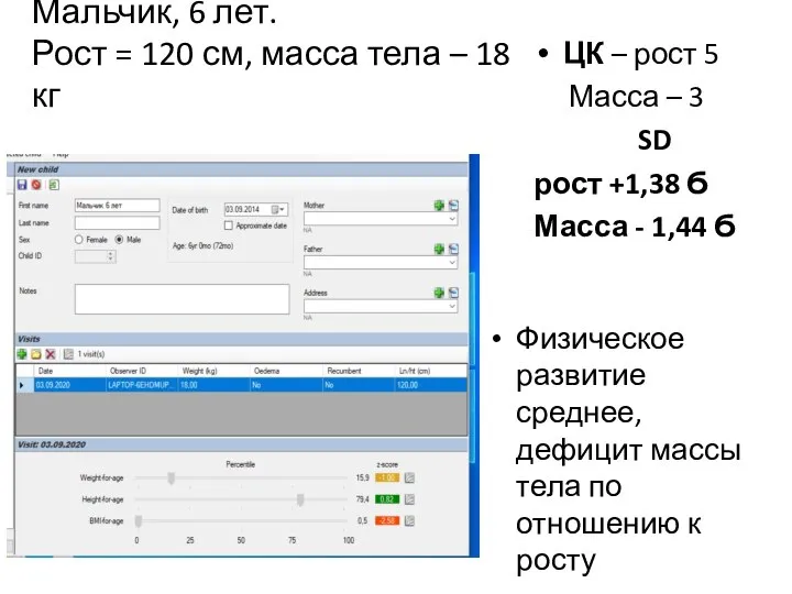 Мальчик, 6 лет. Рост = 120 см, масса тела – 18