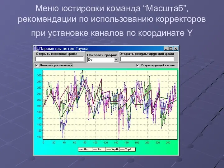 Меню юстировки команда “Масштаб”, рекомендации по использованию корректоров при установке каналов по координате Y