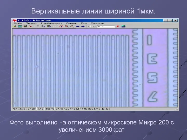 Вертикальные линии шириной 1мкм. Фото выполнено на оптическом микроскопе Микро 200 с увеличением 3000крат