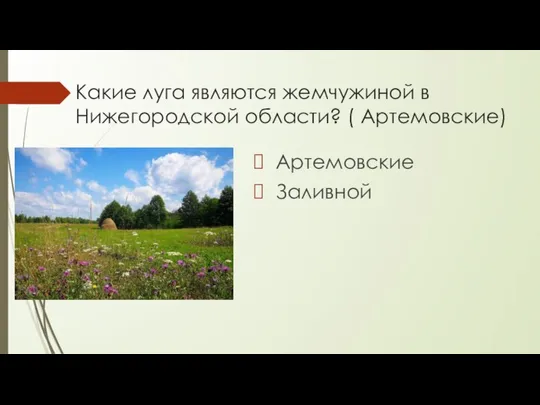 Какие луга являются жемчужиной в Нижегородской области? ( Артемовские) Артемовские Заливной