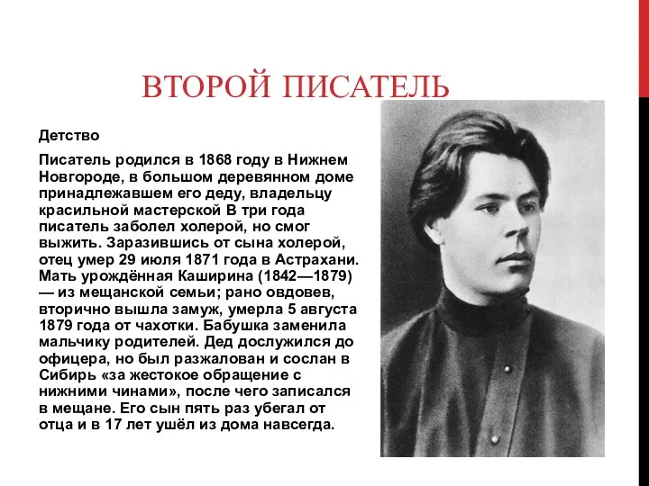 ВТОРОЙ ПИСАТЕЛЬ Детство Писатель родился в 1868 году в Нижнем Новгороде,