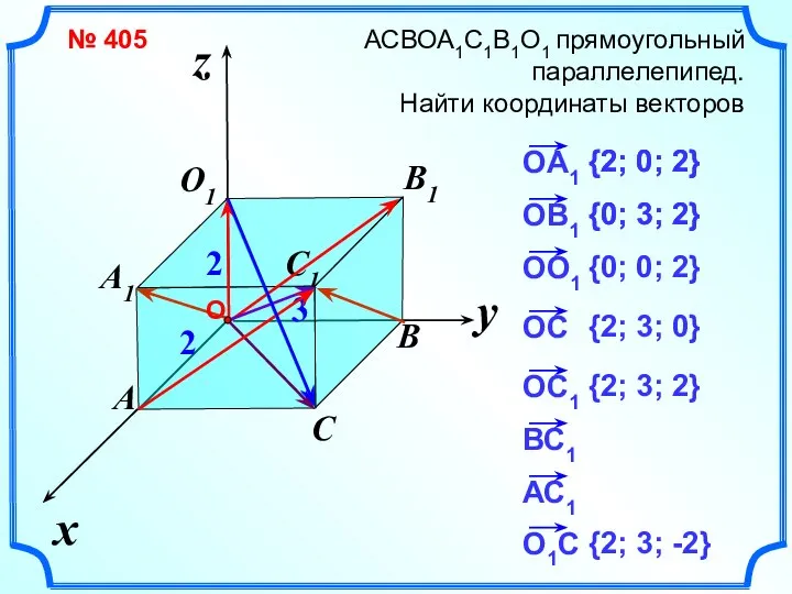 x z АСВОА1С1В1О1 прямоугольный параллелепипед. Найти координаты векторов y A O1