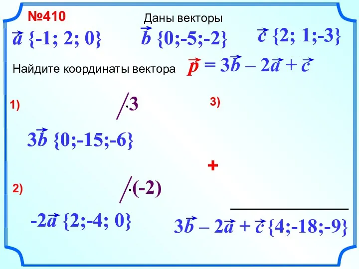 + Даны векторы №410 Найдите координаты вектора 1) 2) 3) {4;-18;-9}