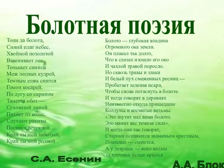 Топи да болота, Синий плат небес. Хвойной позолотой Взвенивает лес. Тенькает