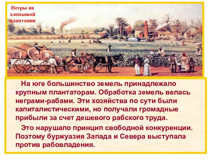 На юге большинство земель принадлежало крупным плантаторам. Обработка земель велась неграми-рабами.