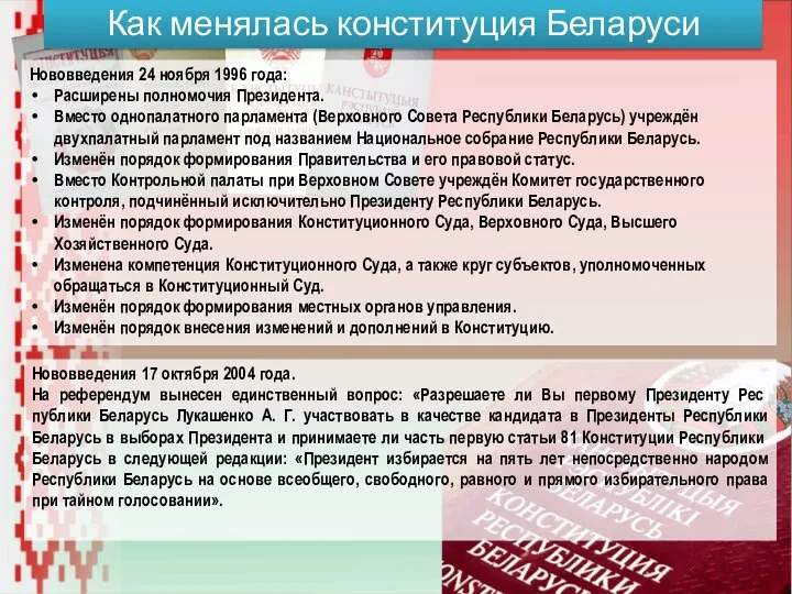 Как менялась конституция Беларуси Нововведения 24 ноября 1996 года: Расширены полномочия