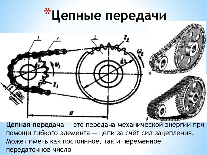 Цепные передачи Цепная передача — это передача механической энергии при помощи