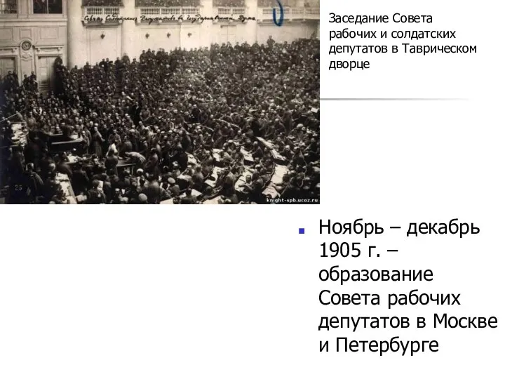 Ноябрь – декабрь 1905 г. – образование Совета рабочих депутатов в