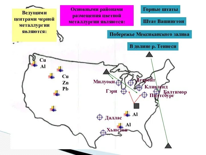 Ведущими центрами черной металлургии являются: Питтсбург Гэри Кливленд Детройт Милуоки Балтимор