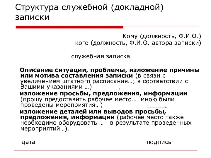 Структура служебной (докладной) записки Кому (должность, Ф.И.О.) кого (должность, Ф.И.О. автора