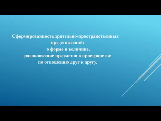 Сформированность зрительно-пространственных представлений: о форме и величине, расположение предметов в пространстве по отношению друг к другу.