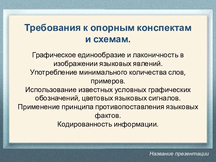 Название презентации Графическое единообразие и лаконичность в изображении языковых явлений. Употребление