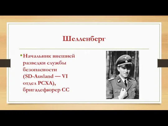 Шелленберг Начальник внешней разведки службы безопасности (SD-Ausland — VI отдел РСХА), бригадефюрер СС