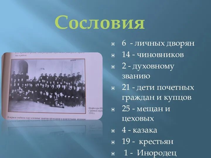 6 - личных дворян 14 - чиновников 2 - духовному званию