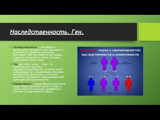 Наследственность. Ген. Насле́дственность — способность организмов передавать свои признаки и особенности