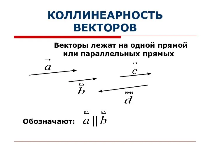 КОЛЛИНЕАРНОСТЬ ВЕКТОРОВ Векторы лежат на одной прямой или параллельных прямых Обозначают: