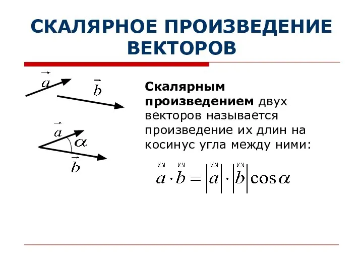 СКАЛЯРНОЕ ПРОИЗВЕДЕНИЕ ВЕКТОРОВ Скалярным произведением двух векторов называется произведение их длин на косинус угла между ними: