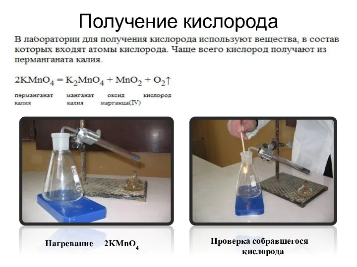 Получение кислорода Нагревание 2KMnO4 Проверка собравшегося кислорода