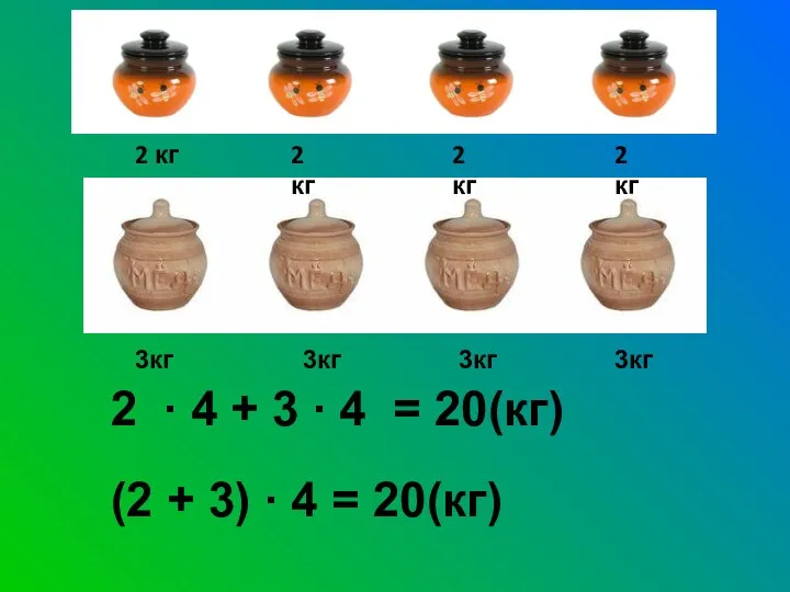 2 ∙ 4 + 3 ∙ 4 = 20(кг) (2 +