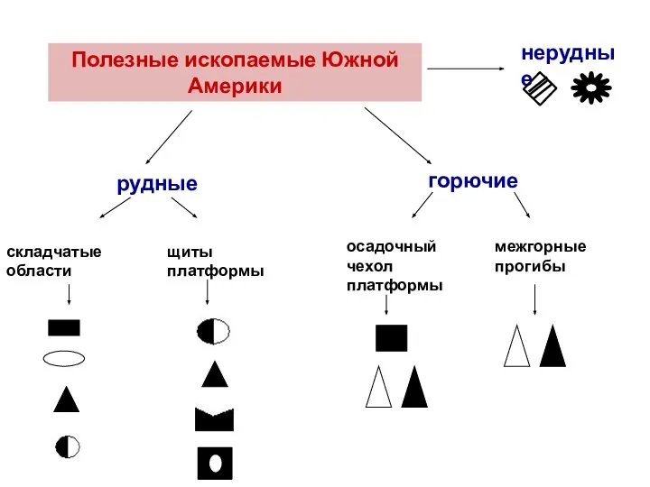 Полезные ископаемые Южной Америки рудные горючие складчатые области щиты платформы осадочный чехол платформы межгорные прогибы нерудные