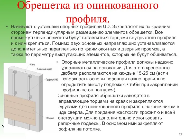 Обрешетка из оцинкованного профиля. Начинают с установки опорных профилей UD. Закрепляют