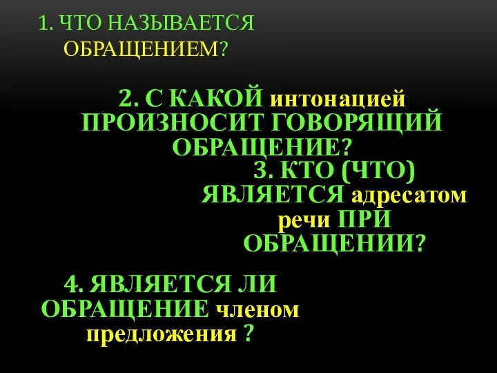 1. ЧТО НАЗЫВАЕТСЯ ОБРАЩЕНИЕМ? 2. С КАКОЙ интонацией ПРОИЗНОСИТ ГОВОРЯЩИЙ ОБРАЩЕНИЕ?