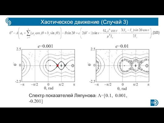 Хаотическое движение (Случай 3) e=0.001 e=0.01 Спектр показателей Ляпунова: Λ=[0.1, 0.001, -0.201] (10)