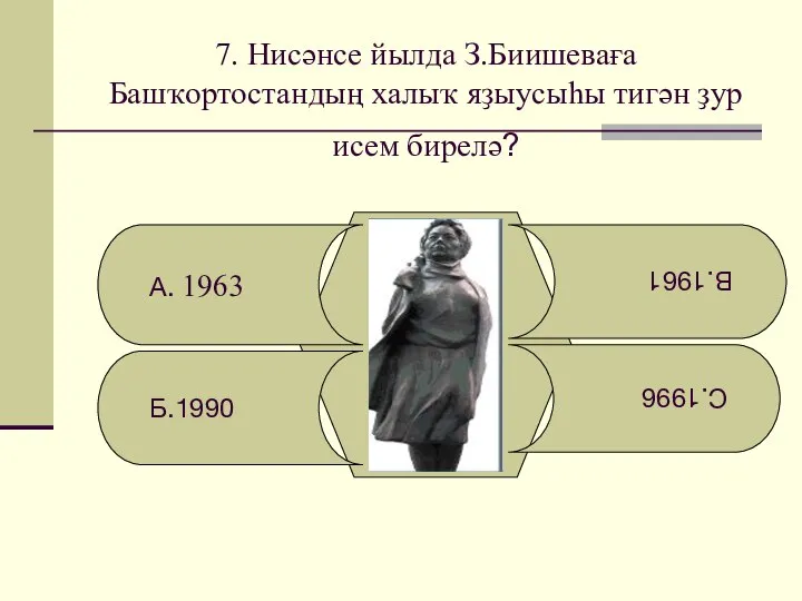 7. Нисәнсе йылда З.Биишеваға Башҡортостандың халыҡ яҙыусыһы тигән ҙур исем бирелә? А. 1963 Б.1990 С.1996 В.1961