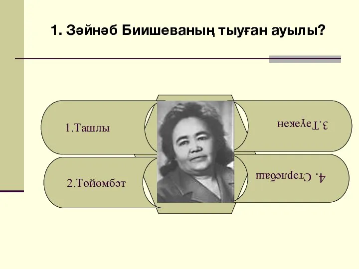 1. Зәйнәб Биишеваның тыуған ауылы? 1.Ташлы 2.Төйөмбәт 4. Стәрлебаш 3.Тәүәкән