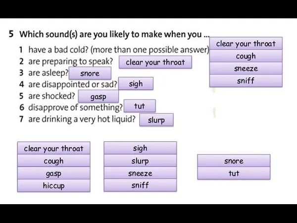 clear your throat cough gasp hiccup sigh slurp sneeze sniff snore