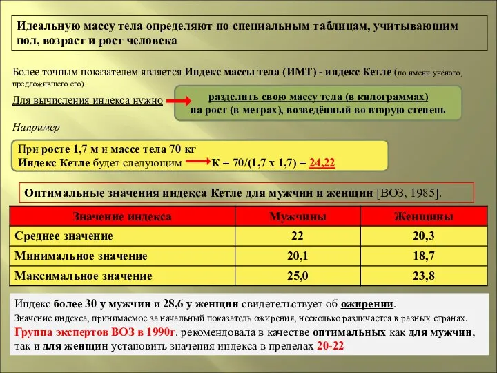 Более точным показателем является Индекс массы тела (ИМТ) - индекс Кетле