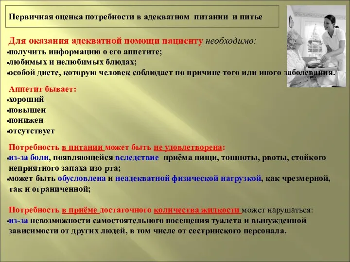 Для оказания адекватной помощи пациенту необходимо: получить информацию о его аппетите;