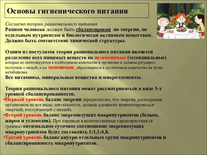 Согласно теории рационального питания Рацион человека должен быть сбалансирован по энергии,