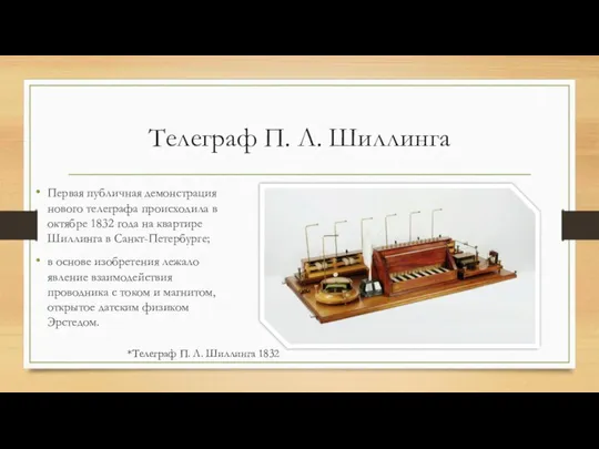 Телеграф П. Л. Шиллинга Первая публичная демонстрация нового телеграфа происходила в