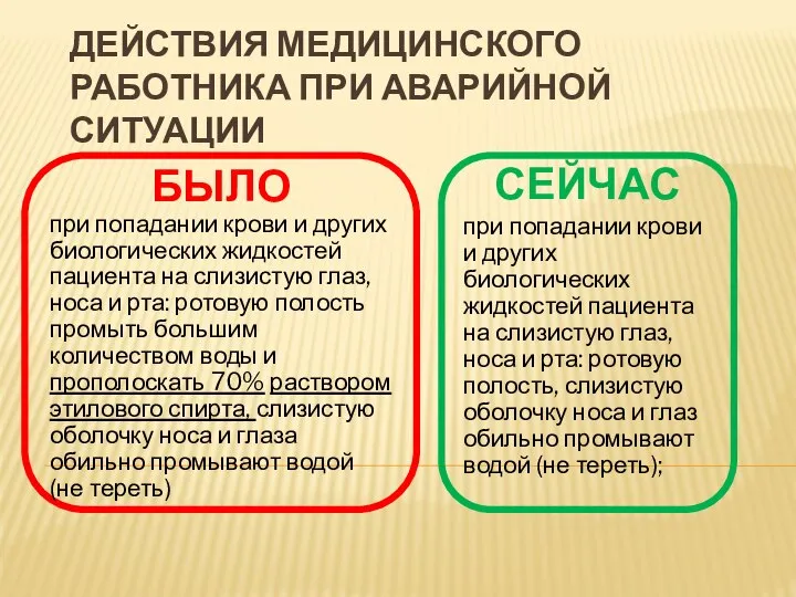 ДЕЙСТВИЯ МЕДИЦИНСКОГО РАБОТНИКА ПРИ АВАРИЙНОЙ СИТУАЦИИ СЕЙЧАС при попадании крови и