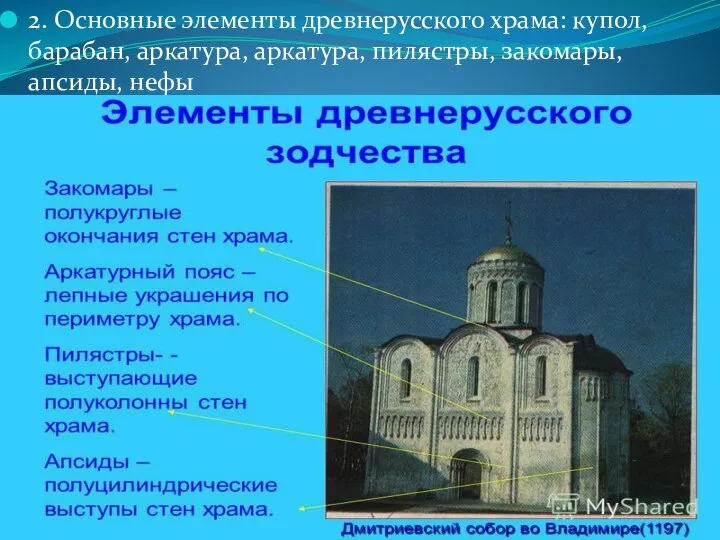 2. Основные элементы древнерусского храма: купол, барабан, аркатура, аркатура, пилястры, закомары, апсиды, нефы