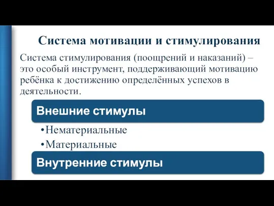 Система мотивации и стимулирования Система стимулирования (поощрений и наказаний) – это