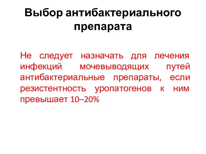 Выбор антибактериального препарата Не следует назначать для лечения инфекций мочевыводящих путей