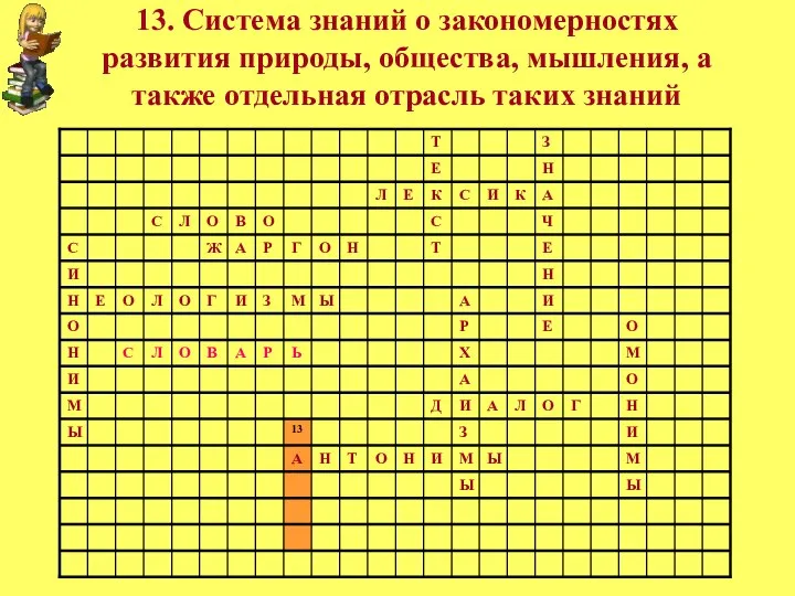 13. Система знаний о закономерностях развития природы, общества, мышления, а также отдельная отрасль таких знаний