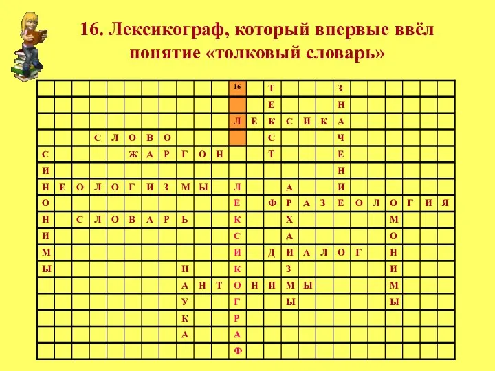 16. Лексикограф, который впервые ввёл понятие «толковый словарь»