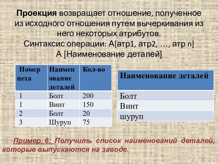 Проекция возвращает отношение, полученное из исходного отношения путем вычеркивания из него