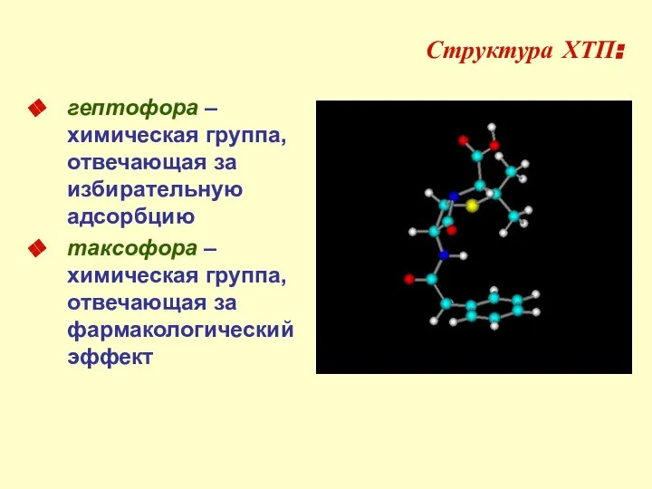 Структура ХТП: гептофора – химическая группа, отвечающая за избирательную адсорбцию таксофора