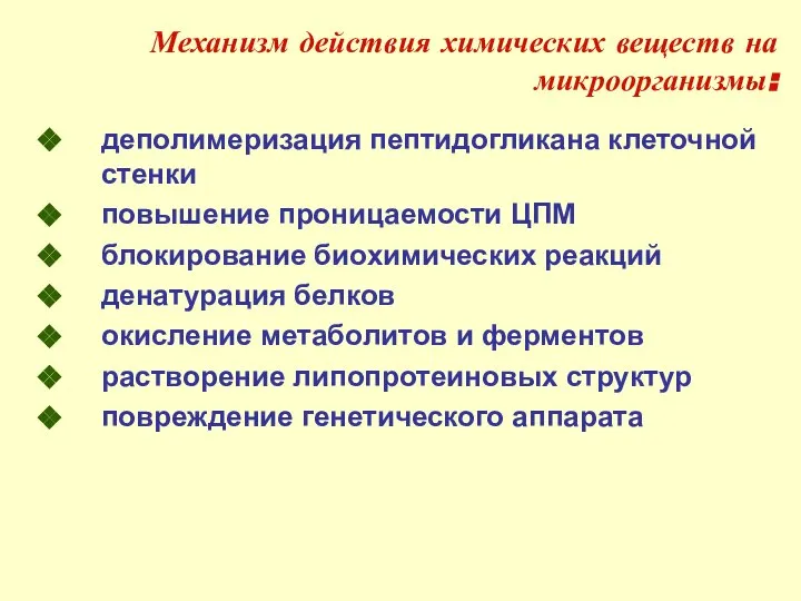 Механизм действия химических веществ на микроорганизмы: деполимеризация пептидогликана клеточной стенки повышение