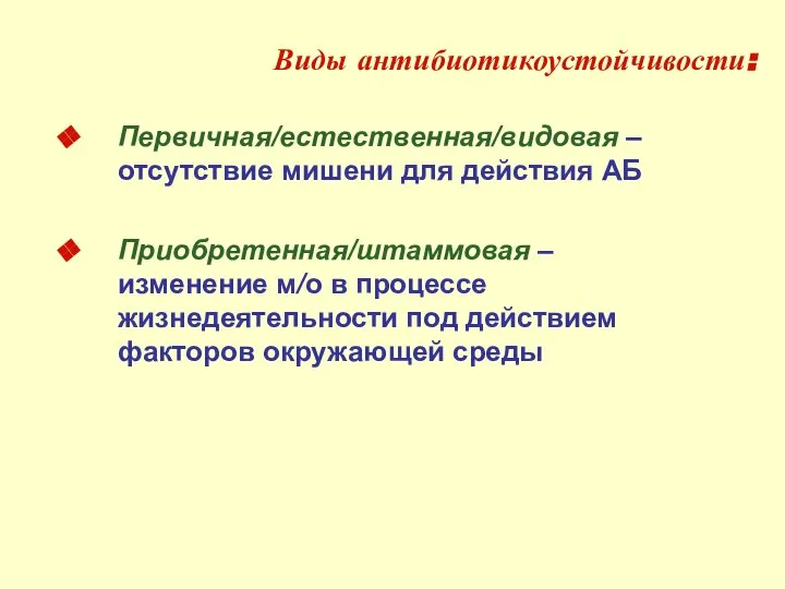 Виды антибиотикоустойчивости: Первичная/естественная/видовая – отсутствие мишени для действия АБ Приобретенная/штаммовая –