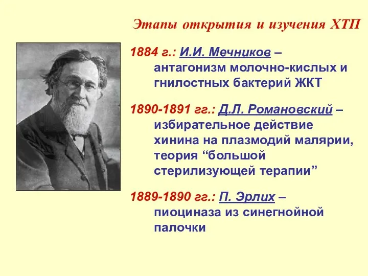 Этапы открытия и изучения ХТП 1884 г.: И.И. Мечников – антагонизм